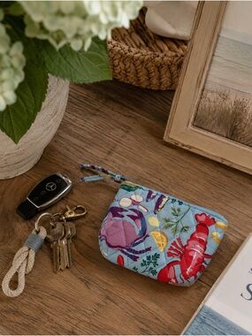 Vera Bradley Quilted Coastal Seafood Print Zip Coin Purse Mini Pouch Blue NWOT